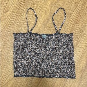 Aerie Small Navy and Orange Ditsy Floral Print Cropped Smocked Tank Top Summer